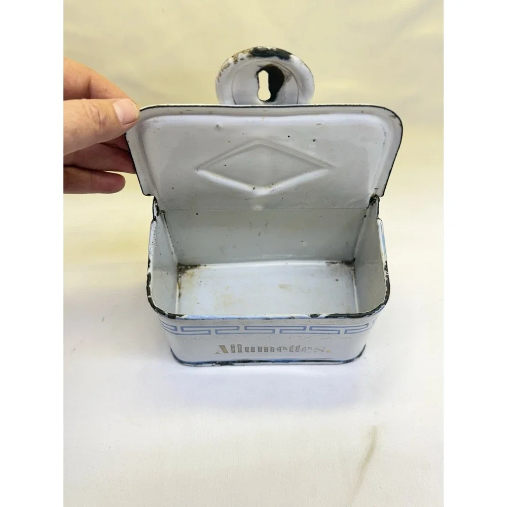 French Enamelware Blue  and White  Allumettes Match Box & Enamel Scoop 1910-1930